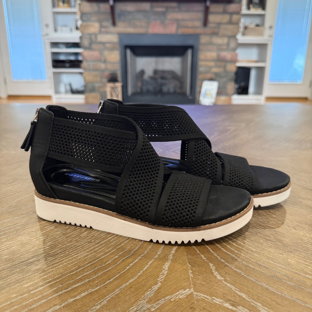 Easy Spirit Witney Wedge Sandals Women's 7M Black Knit Zip Back Comfort Shoe